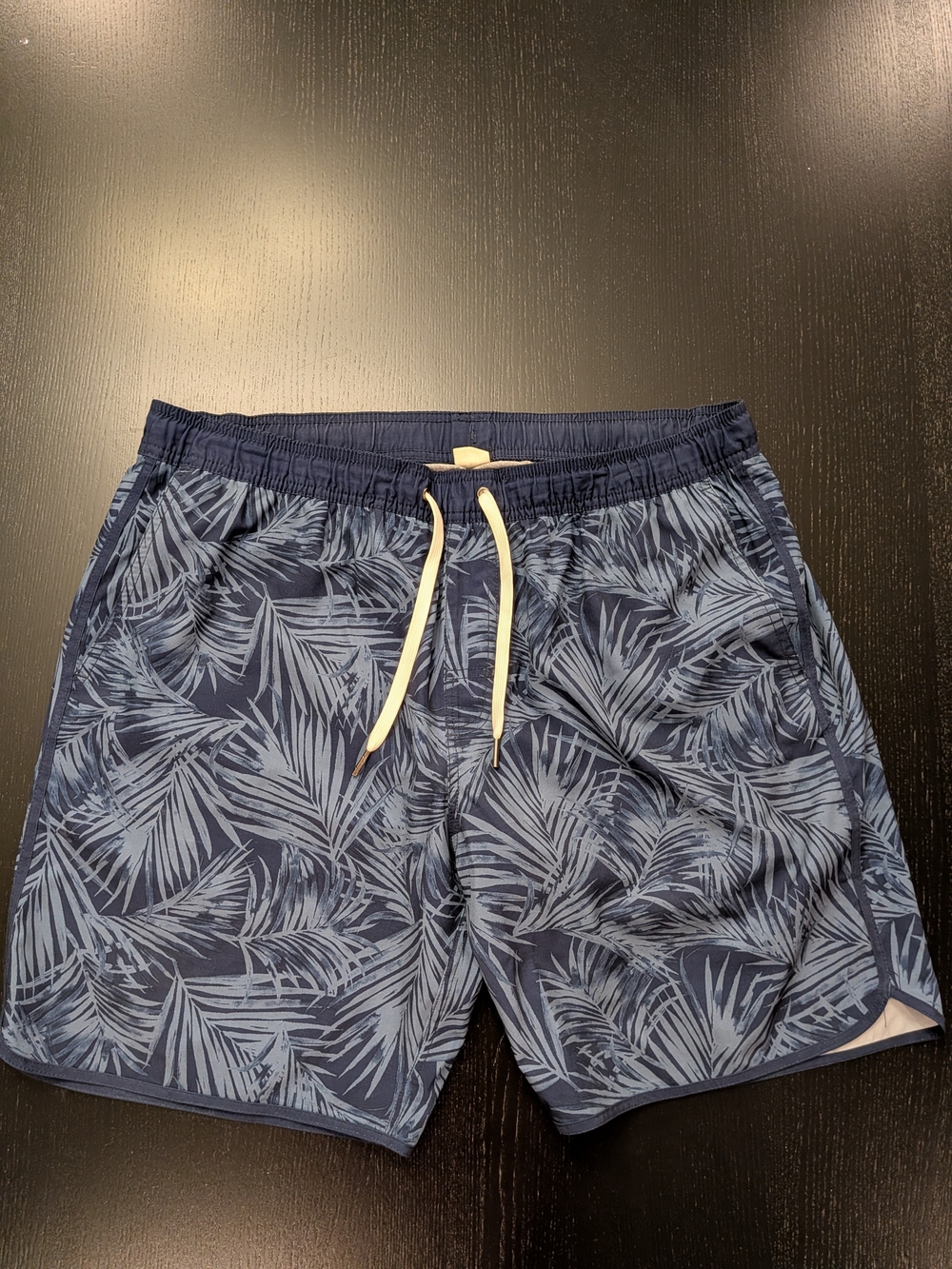Fair Harbor Navy Palm-Print Swim Trunks with Light Blue Leaf Pattern